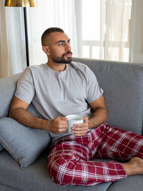 Men summer pajama set Greyish T-shirt + Dark Red X Greyish Tartan Plaid Pants